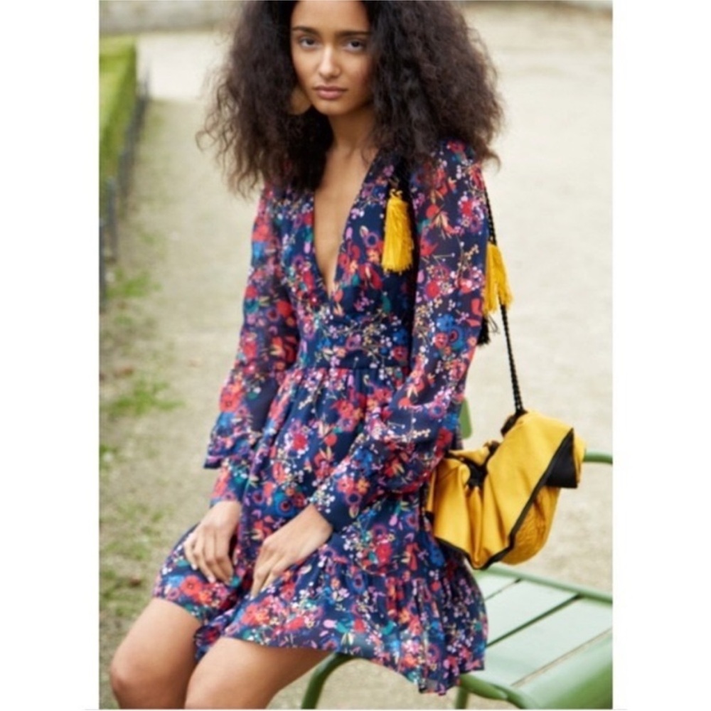 Saloni Pia Floral Print Mini Ruffle Silk Dress Size 8 Navy Pink
